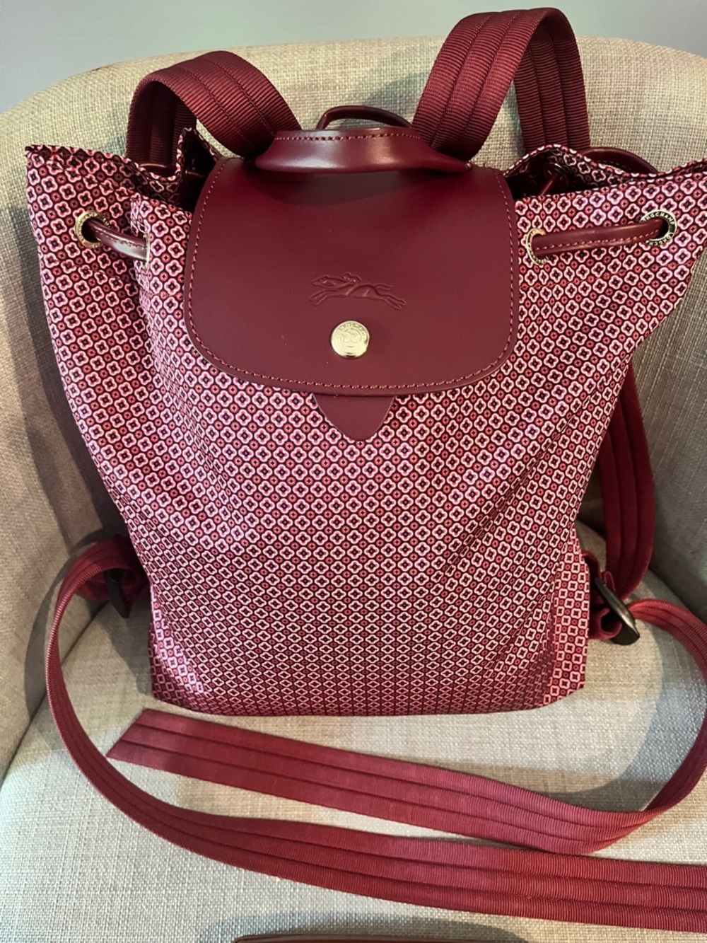 Longchamp Le Pliage Dandy Backpack in Red Fig Color w/a Brown Eyeglass Case EUC